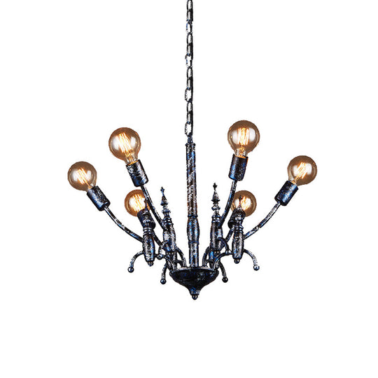 Vintage Black Chandelier with 6 Exposed Bulbs - Metal Pendant Lamp with Sputnik Shade