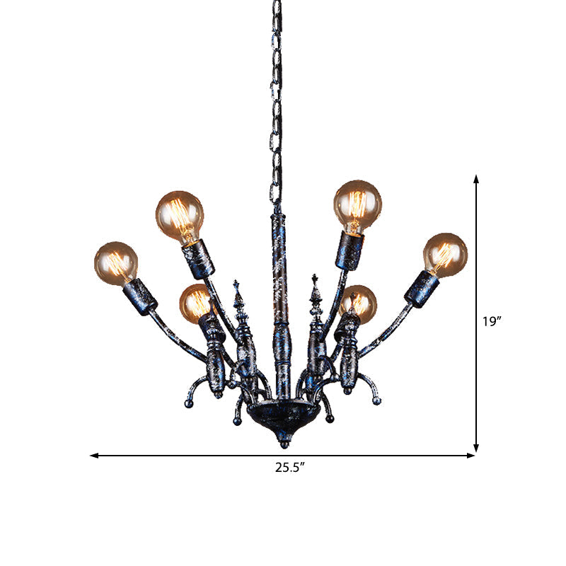 Vintage Black Chandelier with 6 Exposed Bulbs - Metal Pendant Lamp with Sputnik Shade
