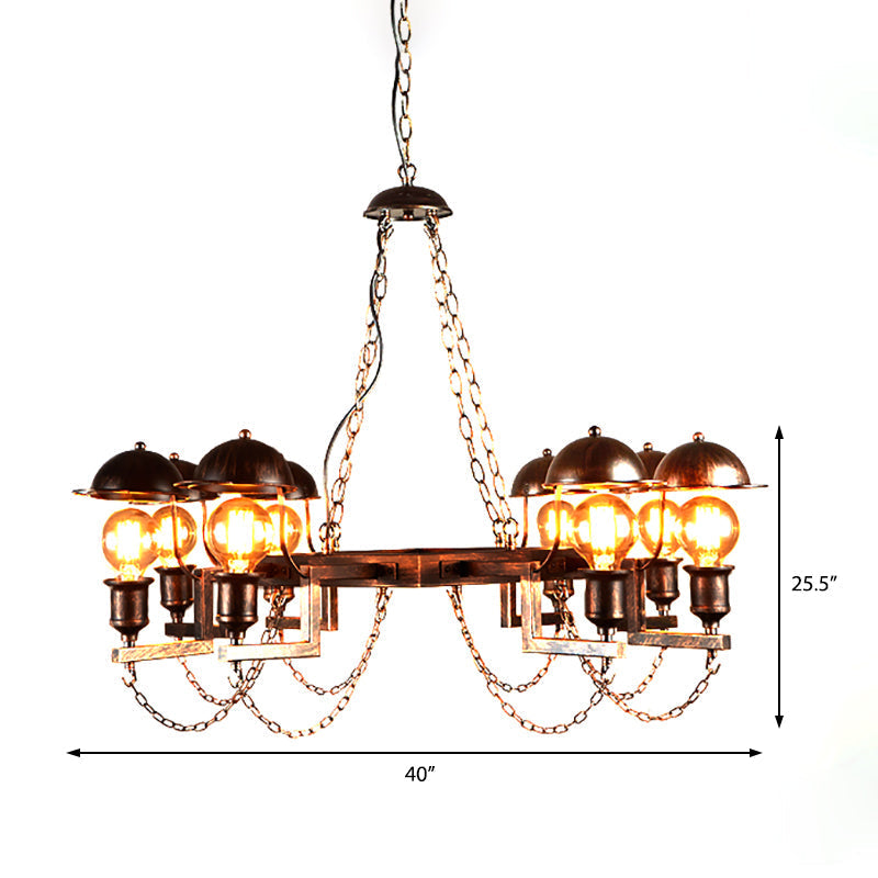 Vintage Rust Amber Glass Semi-Flush Light Fixture With 8-Light Dome Shade And Metal Frame
