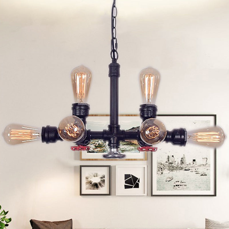 Industrial Metal 8-Light Black Water Pipe Chandelier - Living Room Hanging Light With Valve