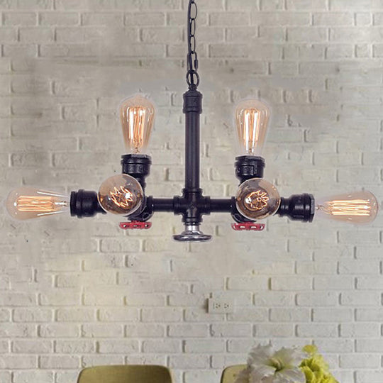 Industrial Metal 8-Light Black Water Pipe Chandelier - Living Room Hanging Light With Valve