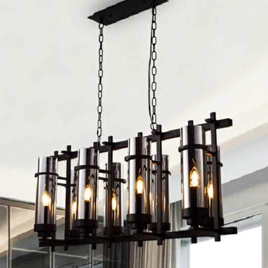 Industrial Black Glass Pendant Lamp 8-Light Smoked Cylinder Chandelier Fixture