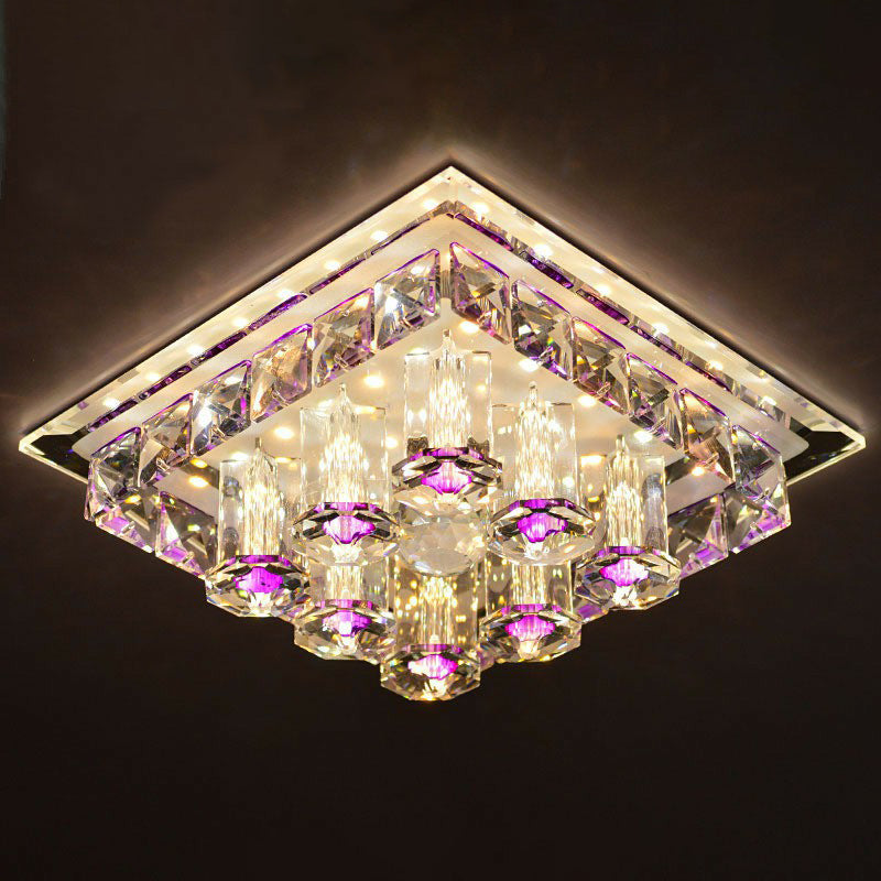 Modern Led Flush Mount Ceiling Light For Hallway In Crystal Square Shape Purple / Warm