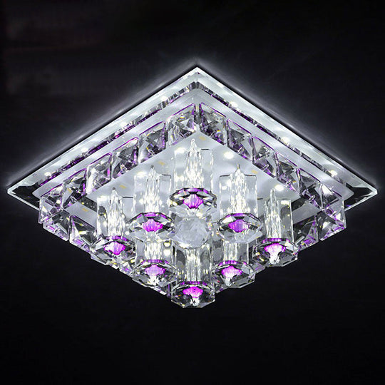 Modern Led Flush Mount Ceiling Light For Hallway In Crystal Square Shape Purple / White