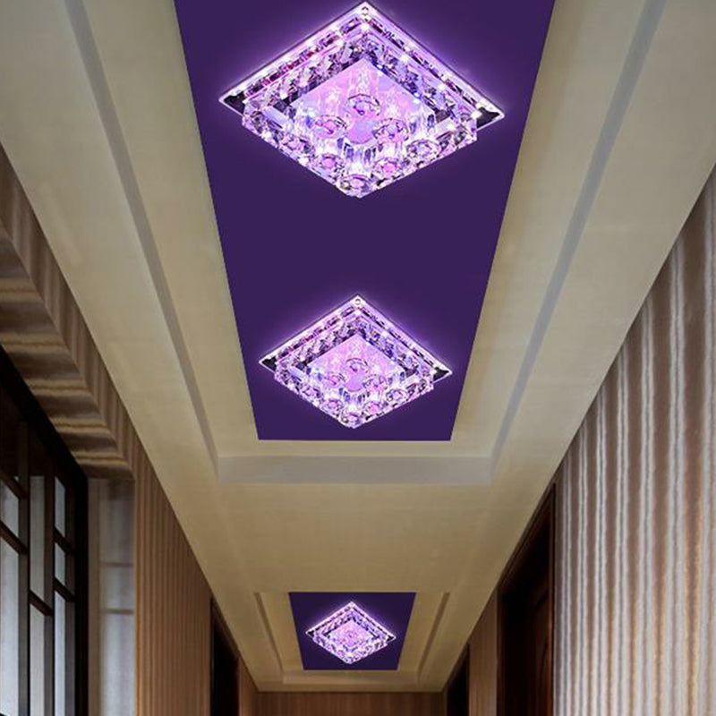 Modern Led Flush Mount Ceiling Light For Hallway In Crystal Square Shape Purple / Multi Color