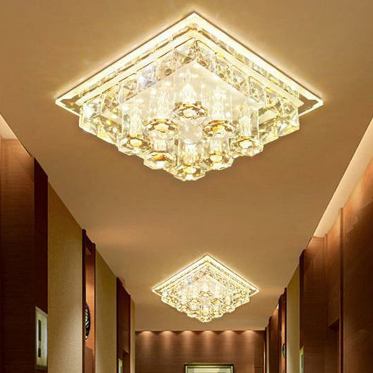 Modern Led Flush Mount Ceiling Light For Hallway In Crystal Square Shape Coffee / Warm