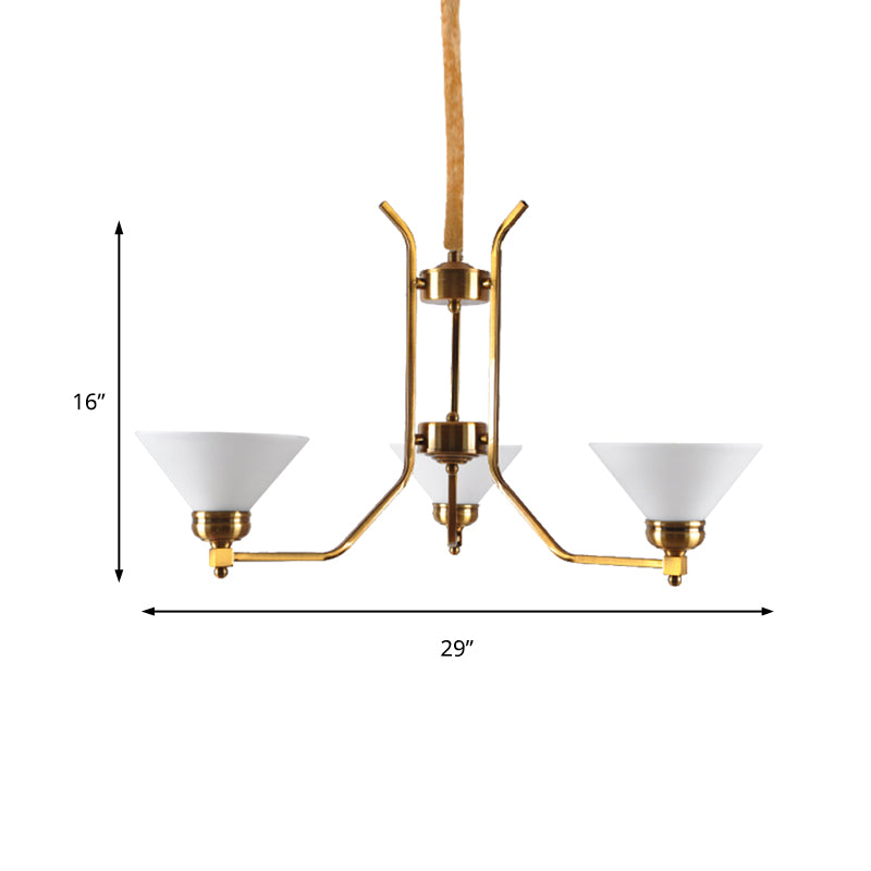 Traditional Cone Chandelier: White Glass Pendant Lighting With 3/6 Gold Lights For Living Room