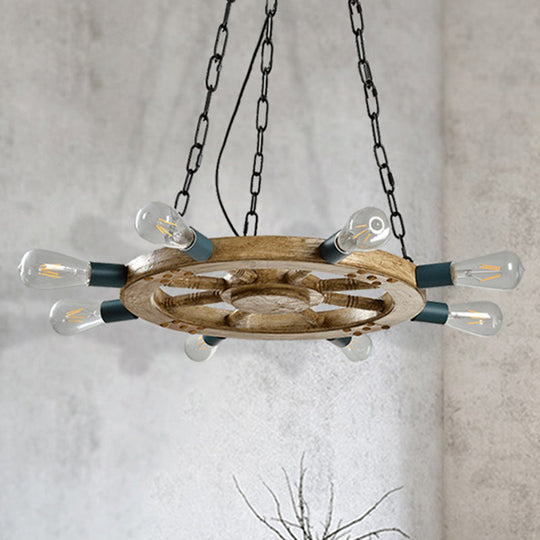Industrial Wood Wheel Chandelier With 8 Lights & Chain - Black Dining Room Ceiling Fixture