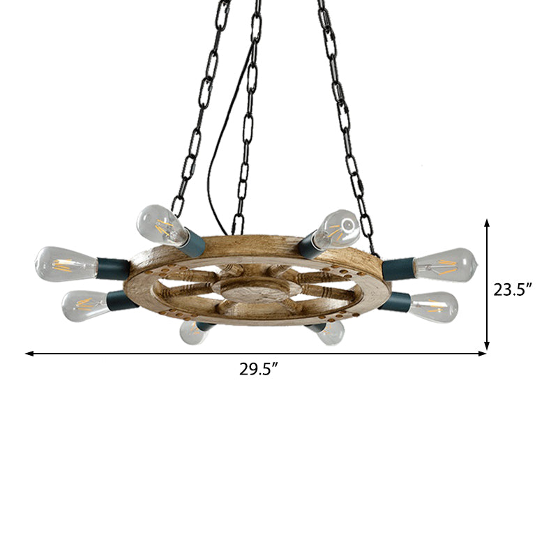 Industrial Wood Wheel Chandelier With 8 Lights & Chain - Black Dining Room Ceiling Fixture