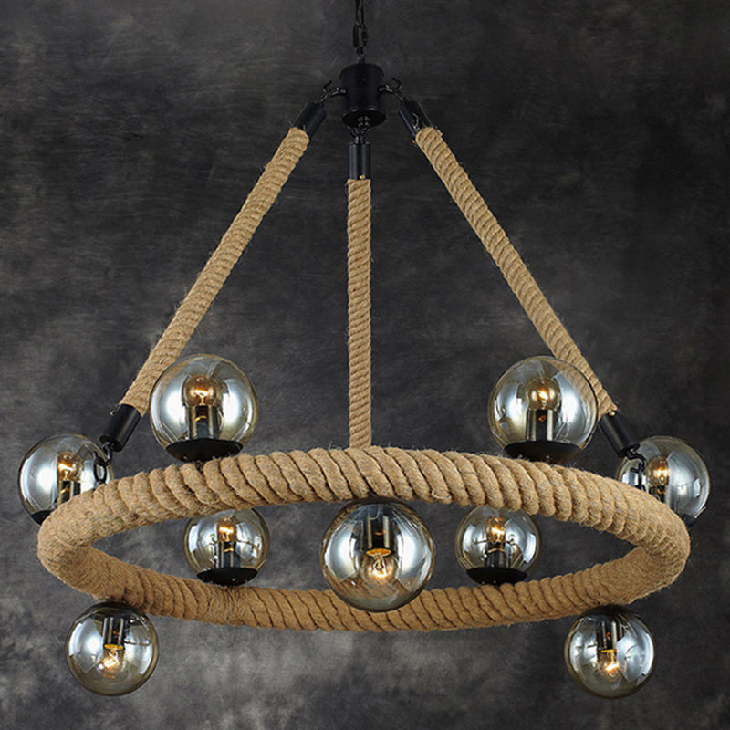Beige 9-Light Chandelier With Industrial Rope Design Glass Shade - Perfect For Dining Room