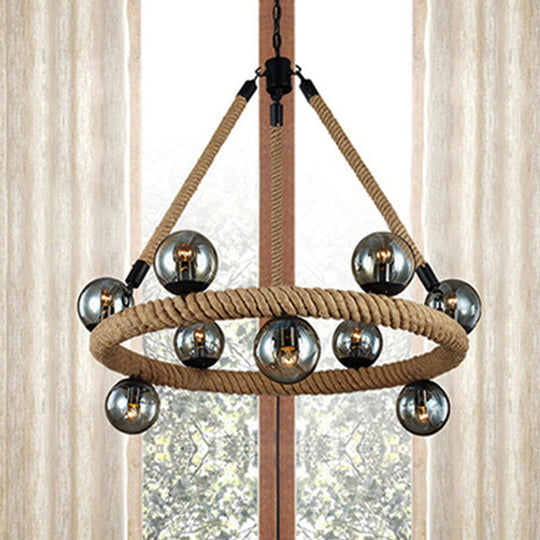 Industrial Rope Chandelier with Glass Shade - Beige 9-Light Fixture for Dining Room