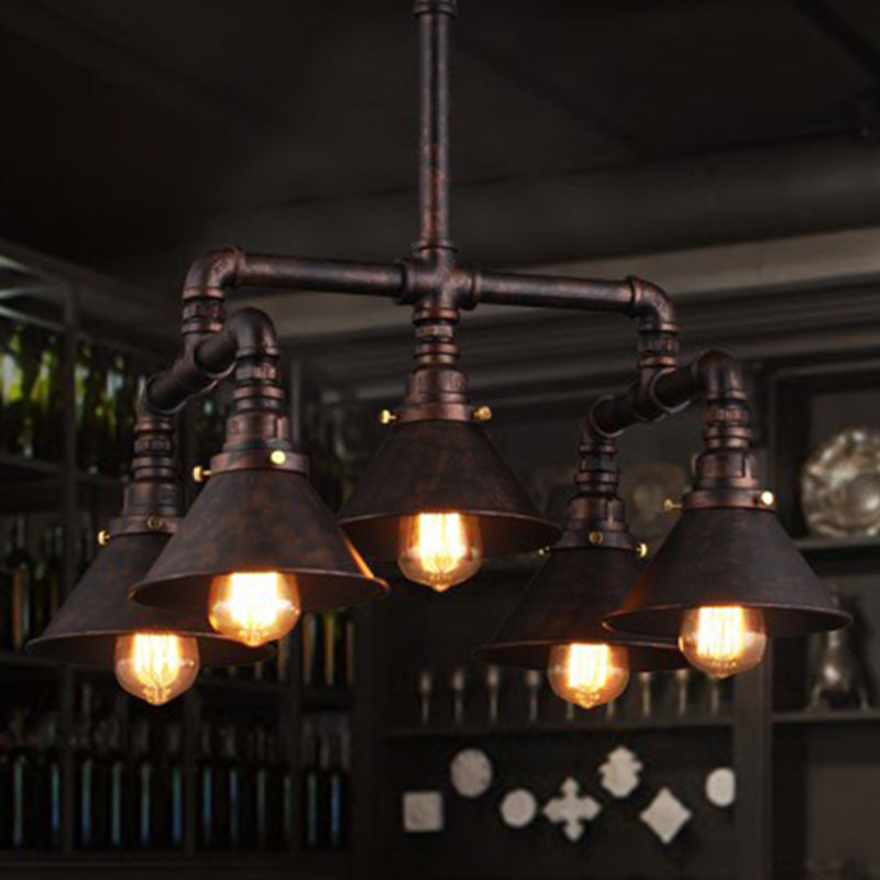 Metal Industrial 5-Bulb Ceiling Lamp with Cone Shade - Rust Chandelier Pendant Light for Dining Room