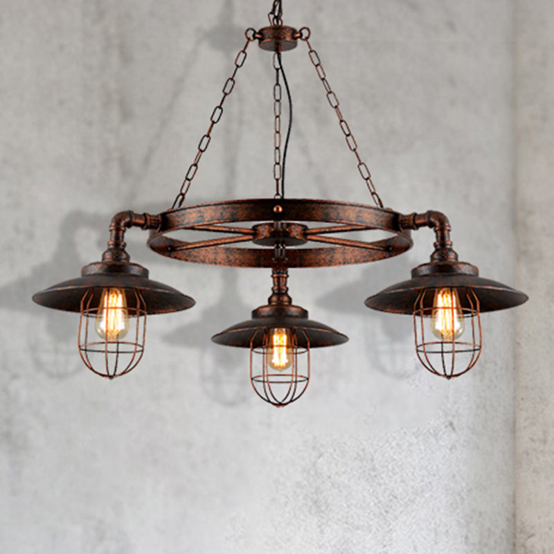 Industrial Weathered Copper Metal Hanging Chandelier - 3-Light Wagon Wheel Shade Pendant Light with Cage for Kitchen