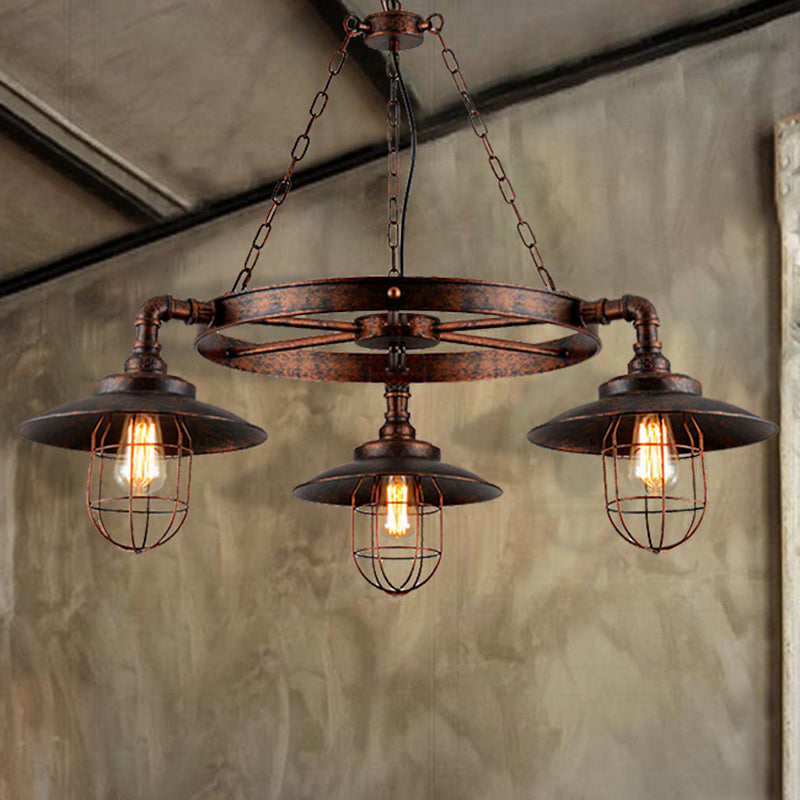 Industrial Weathered Copper Metal Hanging Chandelier - 3-Light Wagon Wheel Shade Pendant Light with Cage for Kitchen