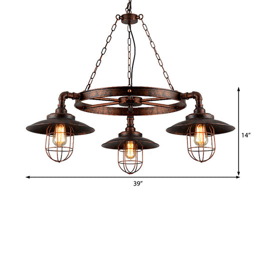 Industrial Weathered Copper Wagon Wheel Chandelier - Rustic 3-Light Pendant Light With Cage For