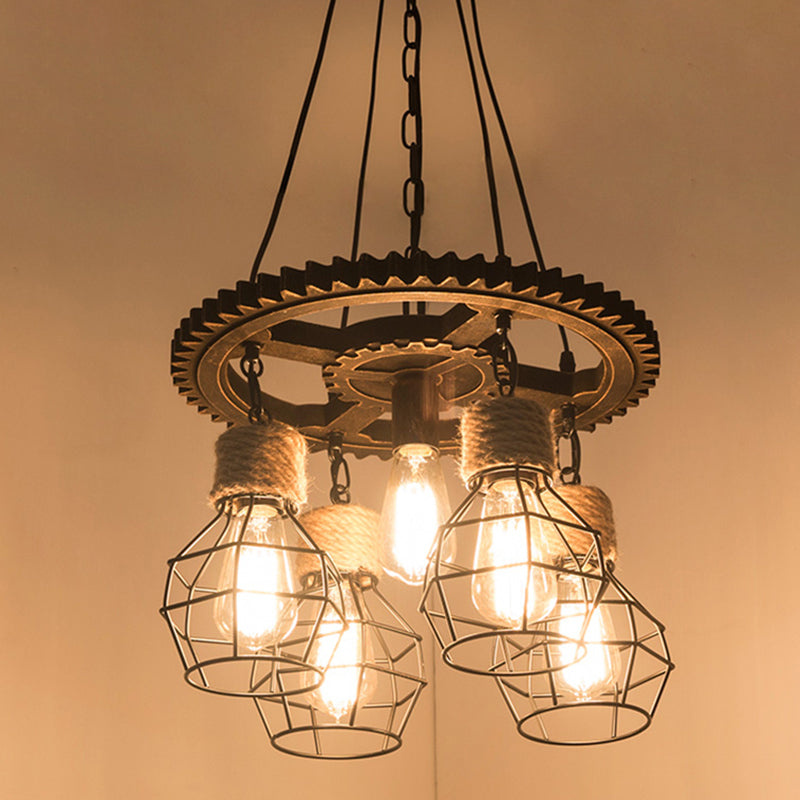 Industrial Black Metal And Rope Pendant Chandelier - Stylish Dining Room Hanging Ceiling Fixture