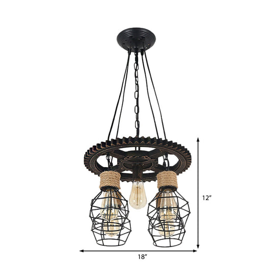 Industrial Black Metal and Rope Pendant Chandelier with Gear Shelf - 5-Light Globe Design for Dining Room - Hangs from Ceiling