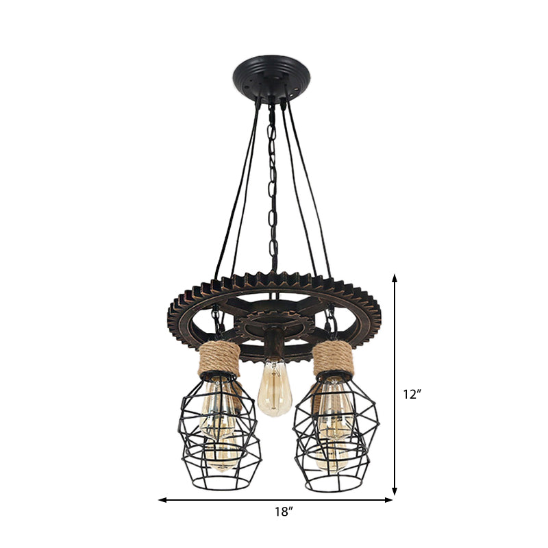Industrial Black Metal And Rope Pendant Chandelier - Stylish Dining Room Hanging Ceiling Fixture