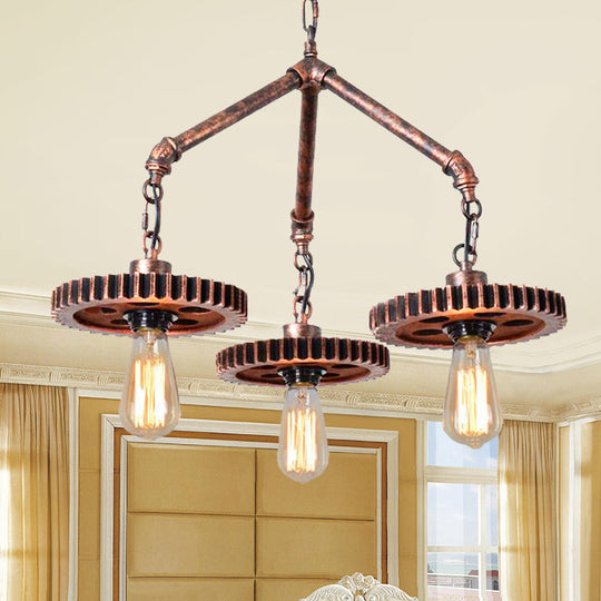 Industrial 3-Light Metal Chandelier In Weathered Copper Gear - Open Design For Dining Room Pendant