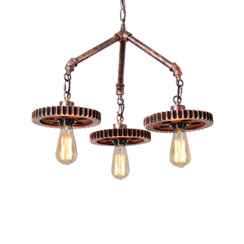 Industrial Open Metal Chandelier - 3-Light Pendant Lighting in Weathered Copper Gear for Dining Room