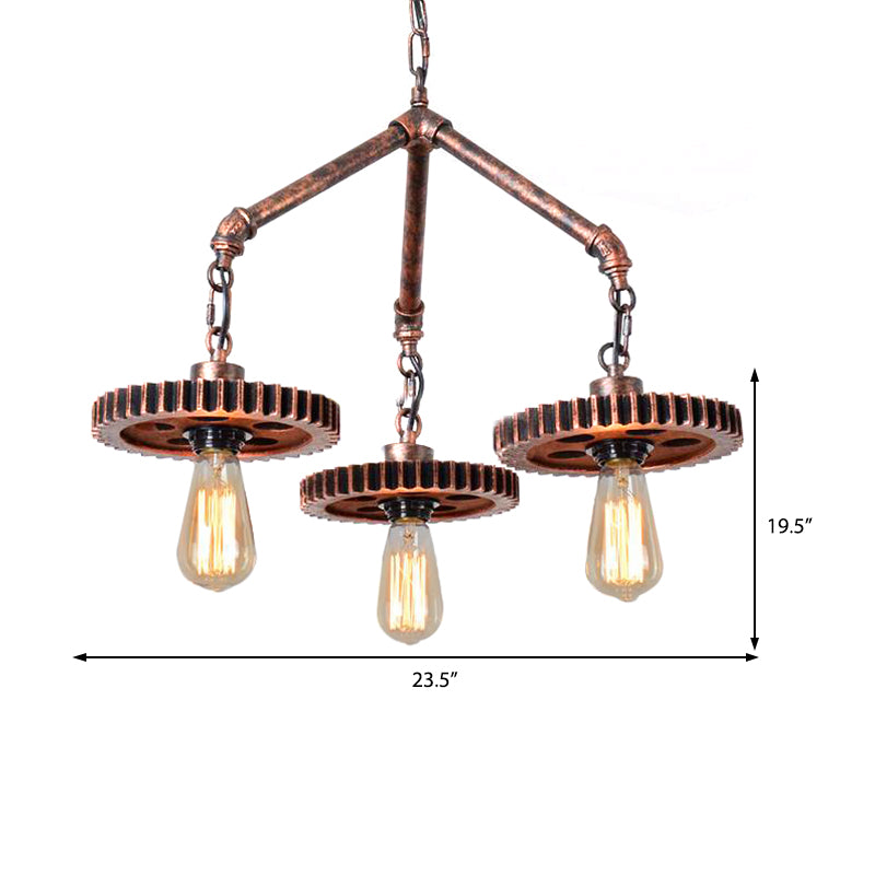 Industrial 3-Light Metal Chandelier In Weathered Copper Gear - Open Design For Dining Room Pendant