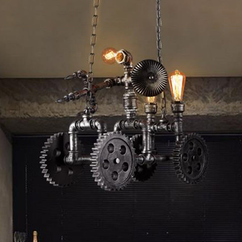 Vintage Silver Chandelier Light Fixture - Industrial Metal Gear Pendant Lamp With Robot Accent Aged