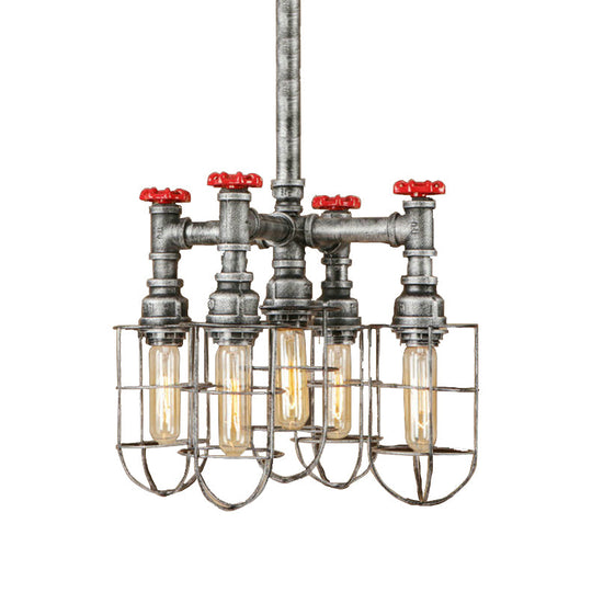 Industrial Caged Amber Glass Hanging Chandelier with Silver Valve - 5-Lights Ceiling Light Fixture
