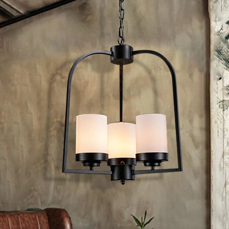 Opal Glass Industrial Chandelier - Matte Black 3 Light Dining Room Hanging Lamp