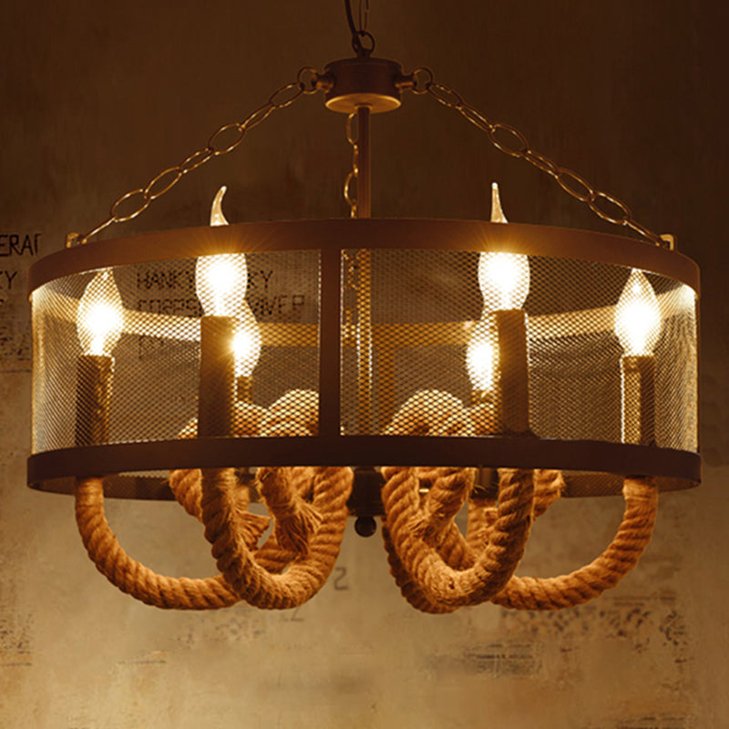 Industrial Rope Black Pendant Lamp Chandelier with 6 Candle Lights and Wire Mesh Fixture