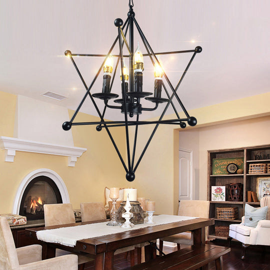 Industrial Black Metal Hanging Chandelier - 4-Light Candle Pendant Light Fixture With Cage For