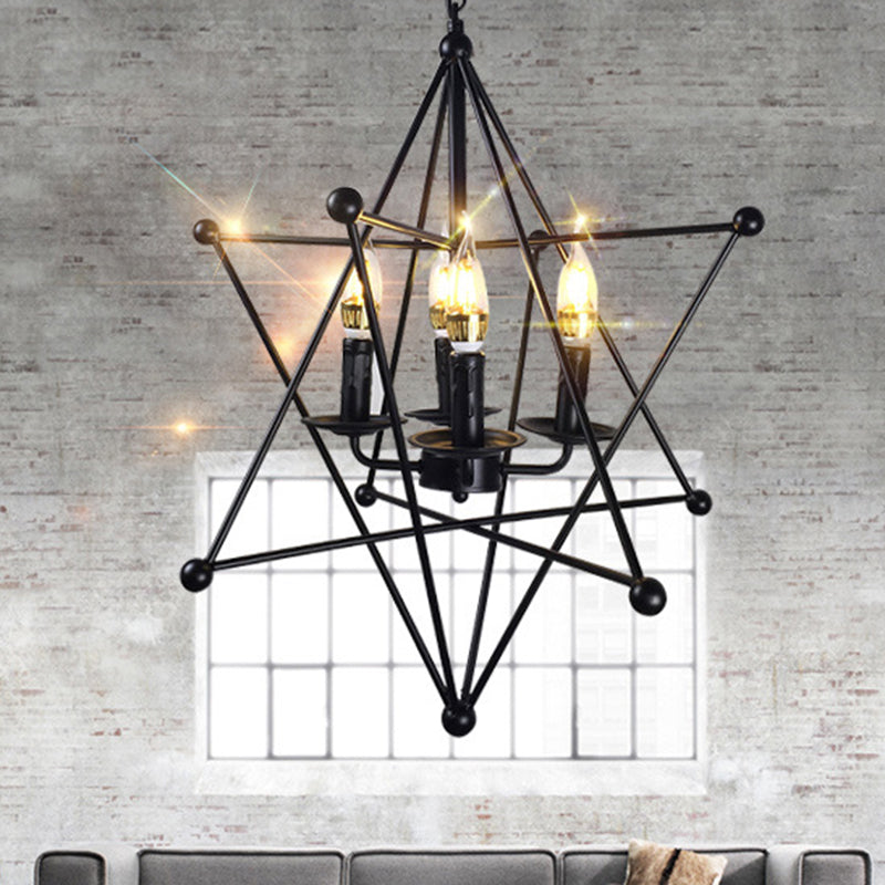 Industrial Black Metal Chandelier - 4-Light Hanging Pendant with Cage for Living Room