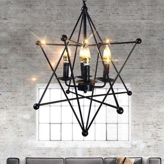 Industrial Black Metal Hanging Chandelier - 4-Light Candle Pendant Light Fixture With Cage For