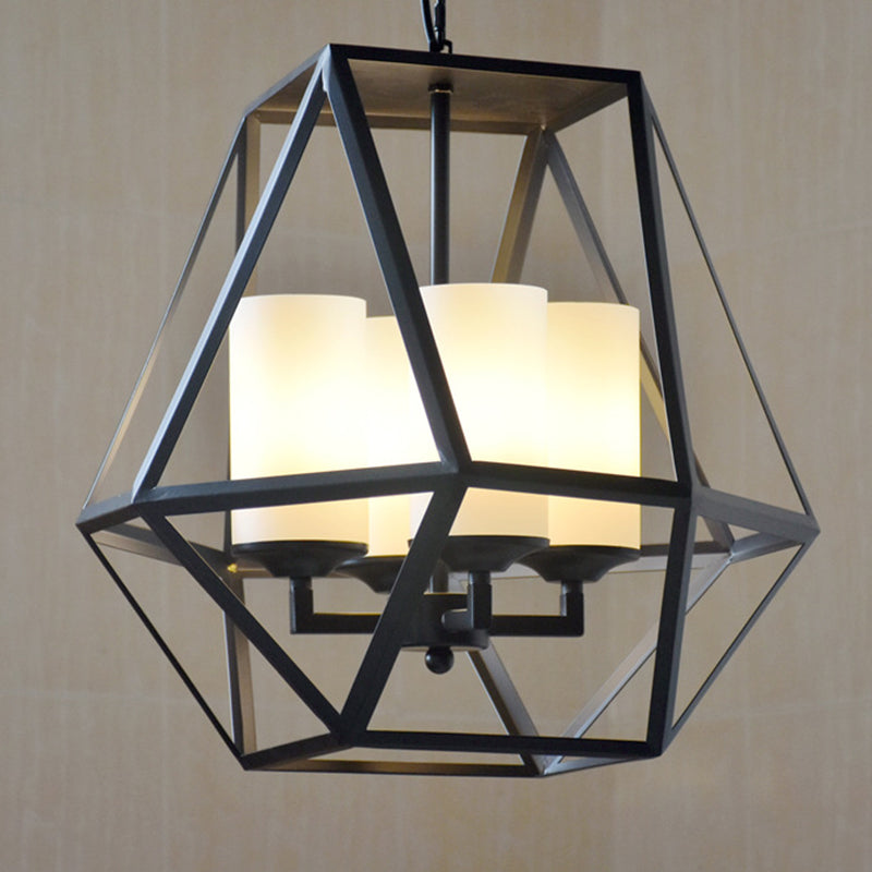 Geometric Opal Glass Dining Room Pendant Chandelier | Industrial Black Hanging Fixture with Cage | 3/4 Light
