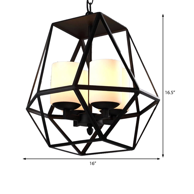 Geometric Opal Glass Dining Room Pendant Chandelier | Industrial Black Hanging Fixture with Cage | 3/4 Light