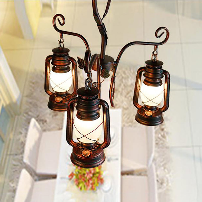 Coastal Opal Glass Lantern Chandelier - Weathered Copper Pendant Lighting for Dining Room, 3 Lights