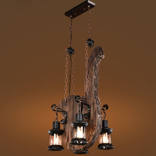 Industrial Lantern Chandelier With 4 Clear Glass Lights And Linear Canopy In Black