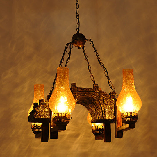 4-Light Industrial Chandelier With Yellow Crackle Glass And Bronze Pendant Lamp Vase Shade