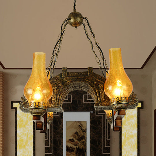 4-Light Industrial Chandelier With Yellow Crackle Glass And Bronze Pendant Lamp Vase Shade