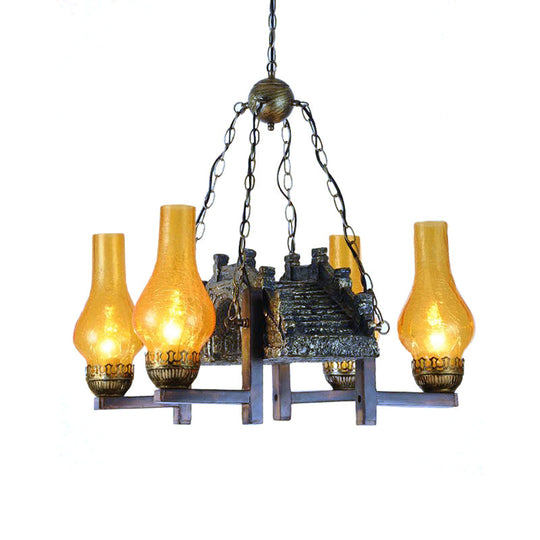 Yellow Crackle Glass Bronze Pendant Lamp with 4-Light Industrial Chandelier Design