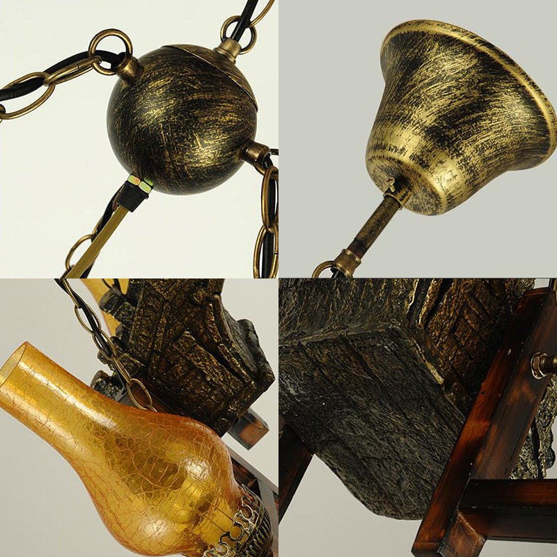 Yellow Crackle Glass Bronze Pendant Lamp with 4-Light Industrial Chandelier Design