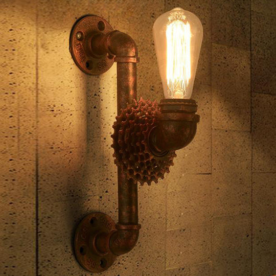 1-Light Industrial Weathered Copper Wall Lamp Sconce With Exposed Gear - Indoor Metal Light Fixture