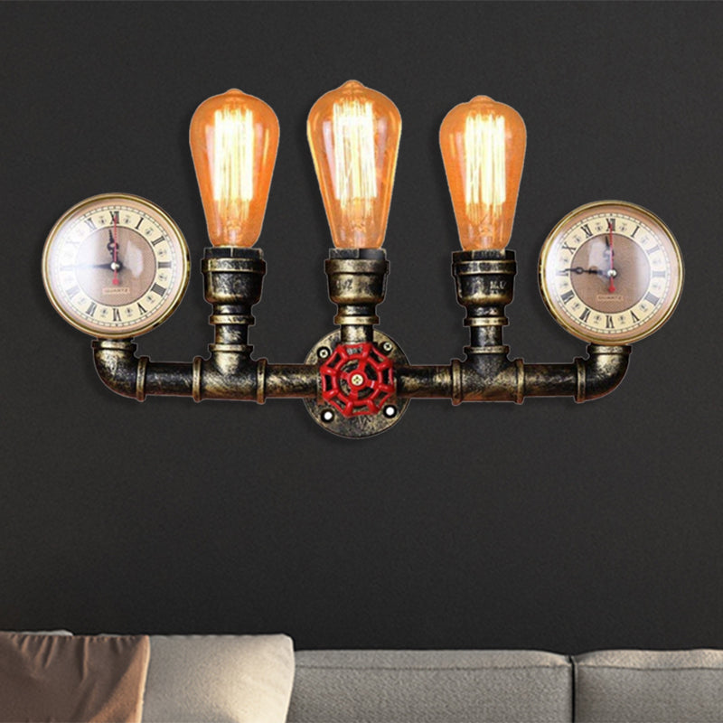 Industrial Metal Sconce Lighting: Wall Mounted Lamp With Pressure Gauge - 3 Bulbs Included Bronze