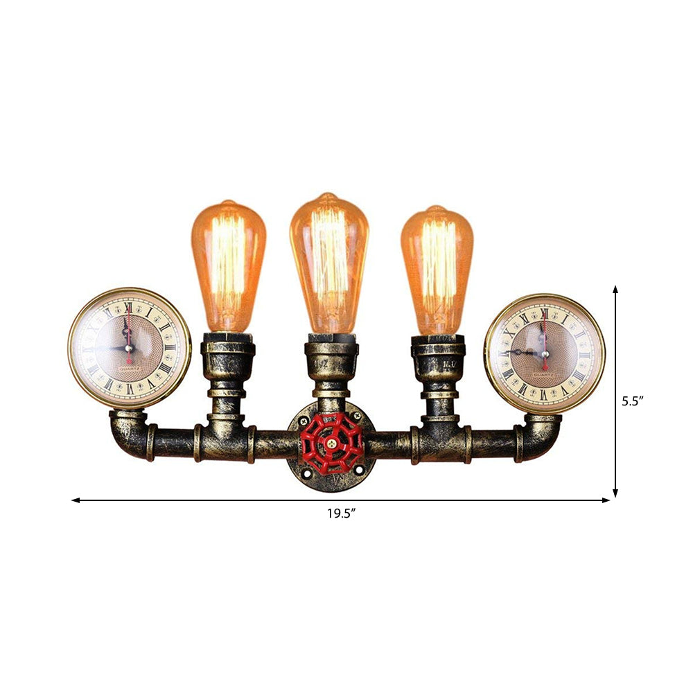 Industrial Metal Sconce Lighting: Wall Mounted Lamp With Pressure Gauge - 3 Bulbs Included