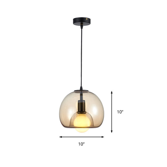 Contemporary Amber/Smoke Glass Dome Suspension Pendant - Black Hanging Lamp For Bedroom