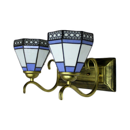 White Glass Conical Wall Sconce With Antique Brass/White Curved Arm - Tiffany 2-Light Lighting For