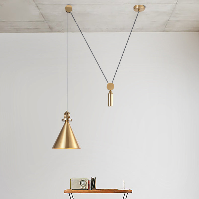 Postmodern Conical Metallic Ceiling Pendant Light with Gold Pulley for Living Room