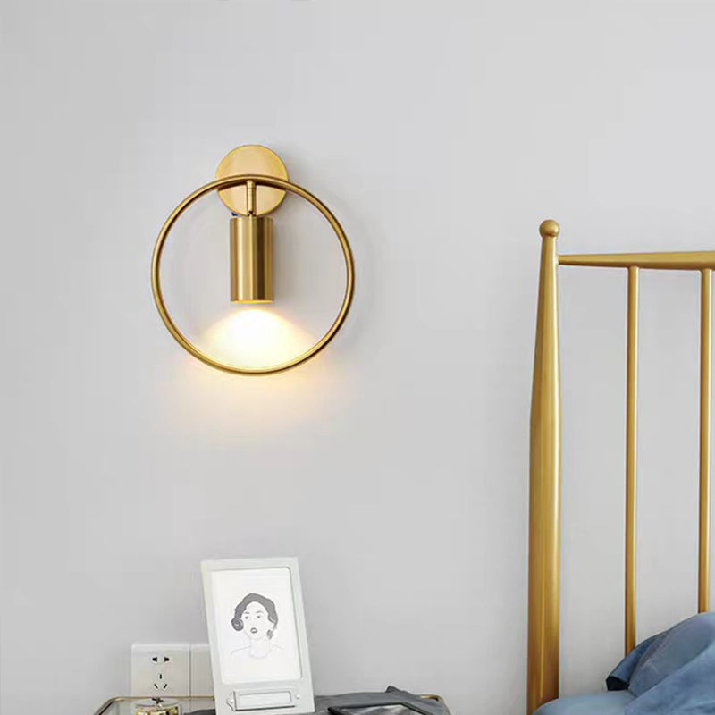 Postmodern Metallic Wall Mount Sconce Light With Halo Ring - 1 Head Bedside Solution Brass