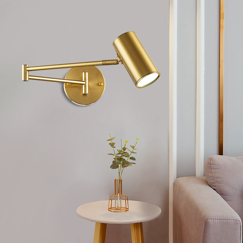Adjustable Minimalist Cylinder Wall Light For Bedside With Metallic Finish Gold