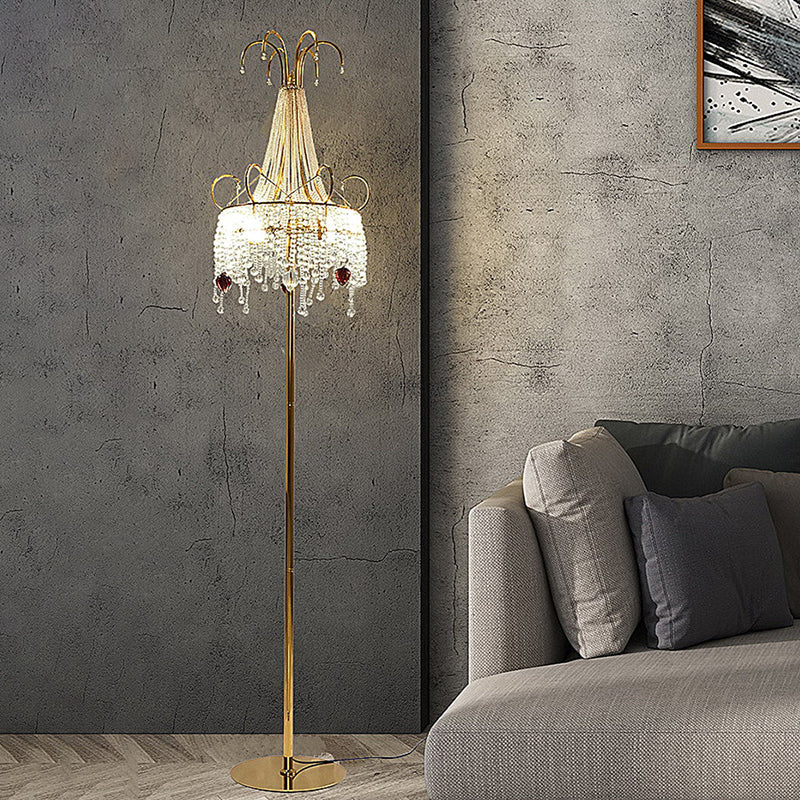 Tassel Crystal Floor Lamp: Postmodern Gold Standing Light With Scroll Decor (2 Bulbs)