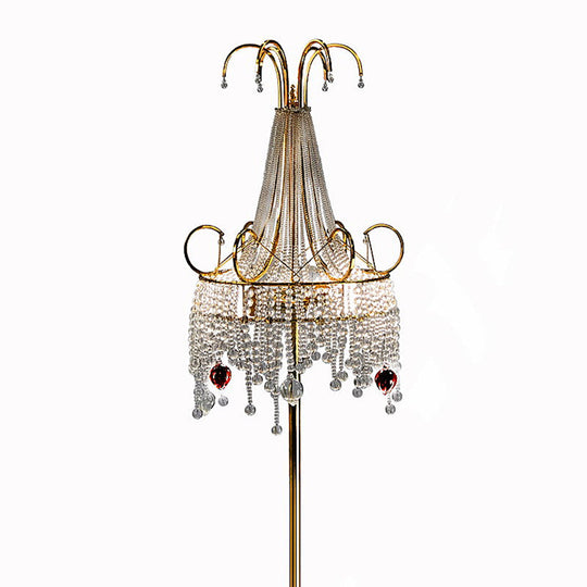 Tassel Crystal Floor Lamp: Postmodern Gold Standing Light With Scroll Decor (2 Bulbs)